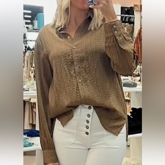 ANDREE BY UNIT Women Brown Button Down Shirt Seersucker Textured Business Casual - Picture 14 of 14
